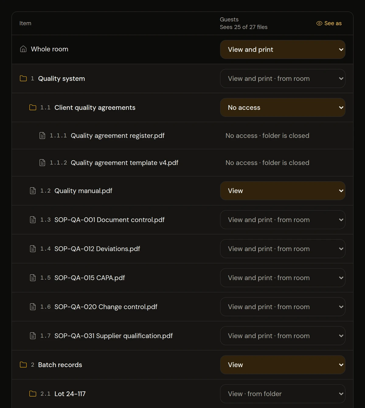 The permissions grid: what the room's guests can do, folder by folder.