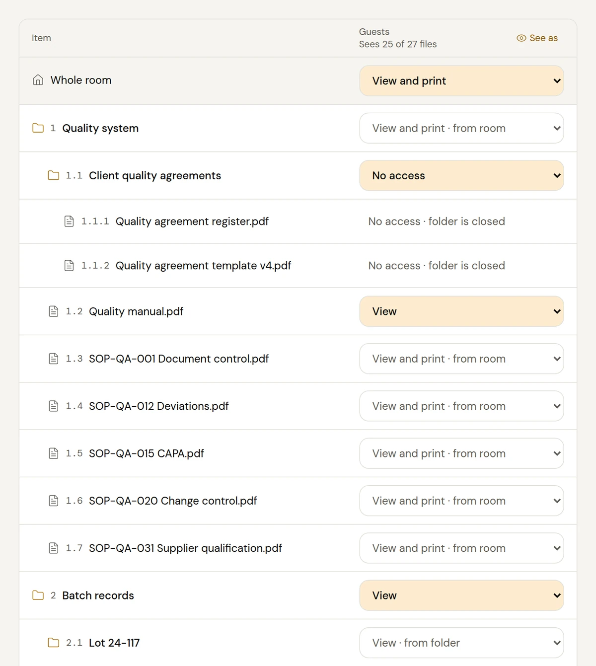 The permissions grid: what the room's guests can do, folder by folder.
