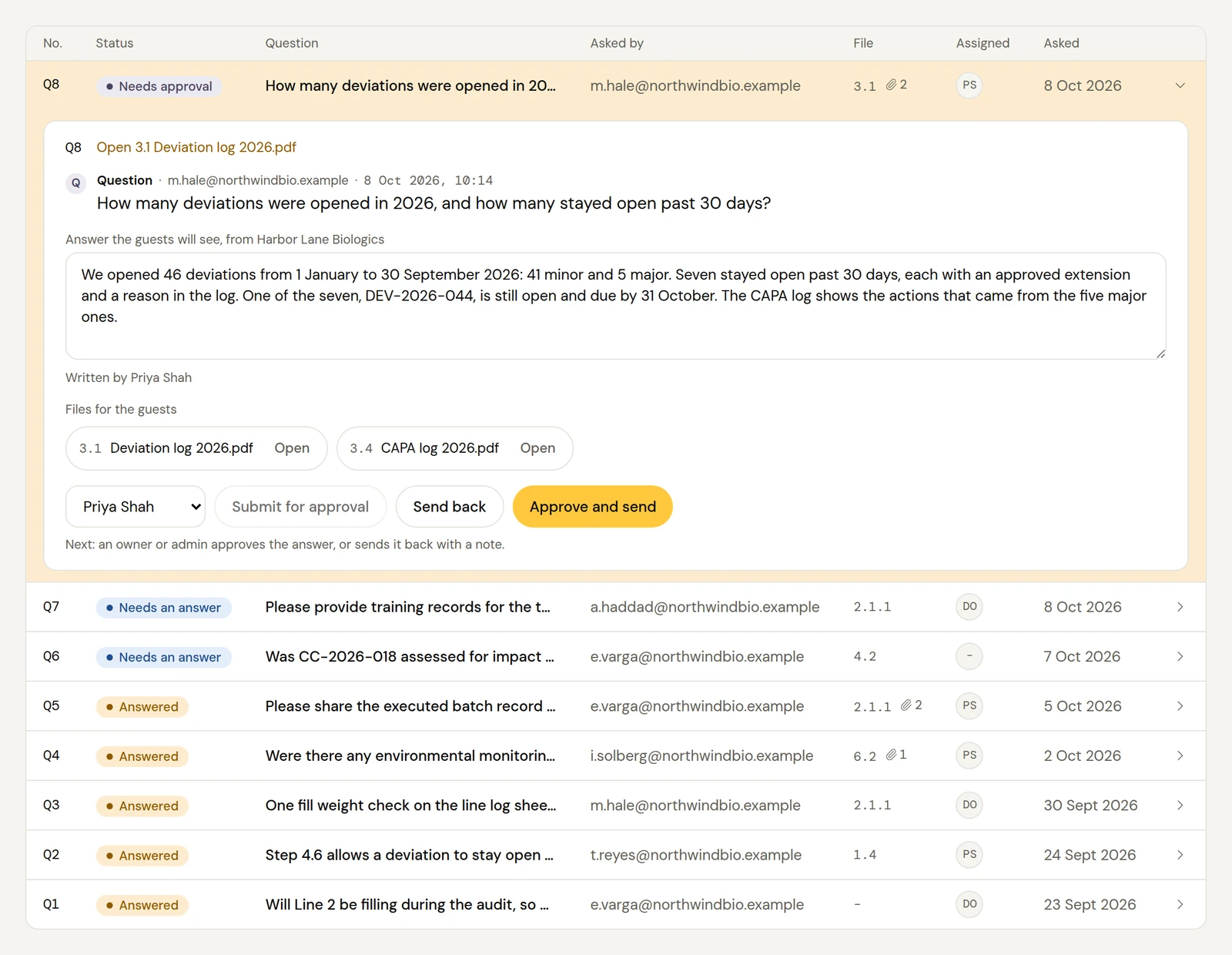 The Q&A table with one question open and its answer waiting for approval.
